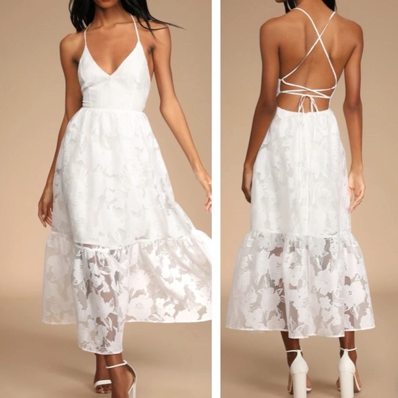 ❤️ Lulus Feeling Like Forever White Jacquard Organza Lace-Up Midi Dress - Picture 7 of 16